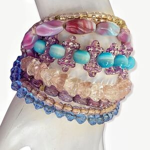 Blue lavender purple pink 6 strand glass bead stretch bracelets